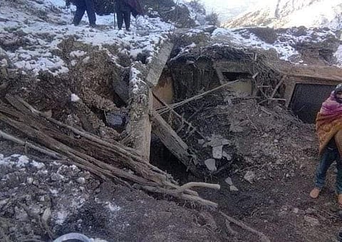 A view of the collapsed house in Chassana tehsil of Reasi district in Jammu and Kashmir on Saturday, March 02, 2024. A woman and her three daughters were killed in the house collapse.