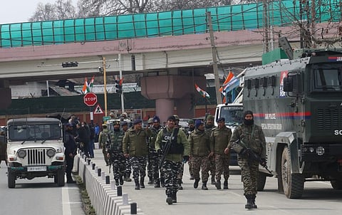 Indian Army personnel patrolling the areas close to Bakshi Staium on the eve of Prime Minster Narendra Modi’s visit to Kashmir on Wednesday, March 06, 2024. KT Photo/Qazi Irshad