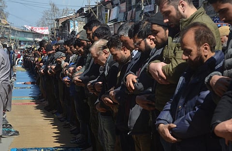Muslims offering Namaz on the first day of the holy month of Ramadan in Srinagar on Tuesday, March 10, 2024. KT Photo/Qazi irshad