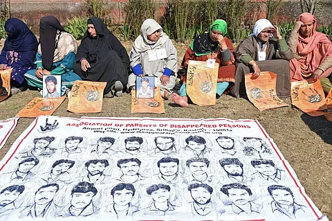 A file photo of a sit-in protest by Kashmir’s half-widows, who have been denied basic property rights, that is another struggle for them. Photo/Pulitzercenter.org