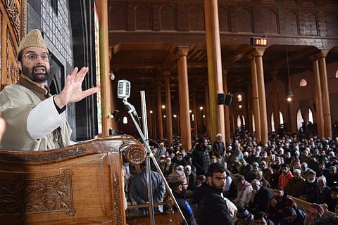 Mirwaiz Umar Farooq, religious leader addressing first Friday congregation of of holy month of Ramazan at Jamia Masjid, Srinagar on March 15, 2024. Photo/Mirwaiz Manzil