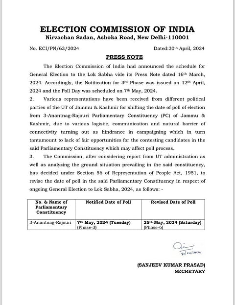 ECI notification on Anantnag-Rajouri parliamentary constituency for rescheduling.