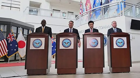 Australia’s Defense Minister Richard Marles, Japan’s Defense Minister Kihara Minoru, the Philippines’ Defense Minister Gilberto Teodoro, and the United States’ Defense Minister Lloyd Austin in occupied Hawai’i. Photo: US Department of Defense