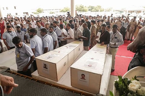 Mortal remains of Indian victims in the fire incident in Kuwait bought at Cochin International airport, in Kochi on Friday. ANI Photo