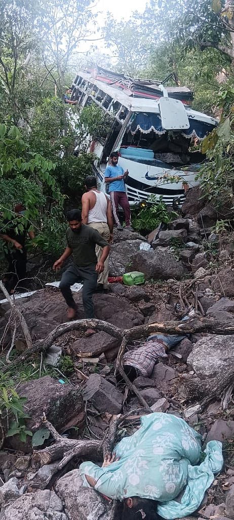 Bodies of bus accident victims and injured being rescued from the site in Reasi district of Jammu region on Saturday evening, June 09,2024. Photo/X