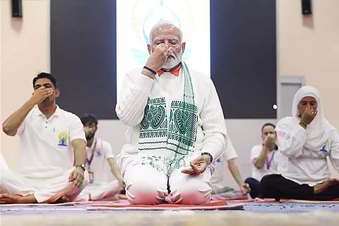 Indian Prime Minister Narendra Modi leads yoga day celebrations in Kashmir on Friday, June 21, 2024. Photo/PIB GoI