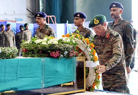 Army officers pay their last respects to the mortal remains of Captain Brijesh Thapa, Naik D Rajesh, Sepoy Ajay Kumar Singh and Sepoy Bijendra, who lost their lives in action during an encounter at Doda, on Tuesday July 16, 2024.