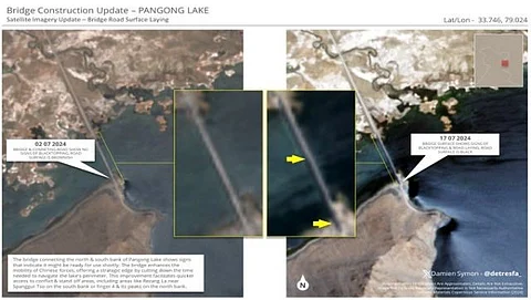 Satellite image of the Pangong Lake Bridge at the site in Eastern Ladakh. Image Courtesy: @detresfa_/X