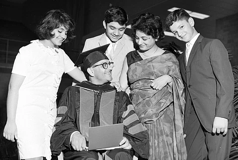Agha Ashraf Ali with his wife and three children after he received his Ph.D in USA. Photo/Rafiq Kathwari