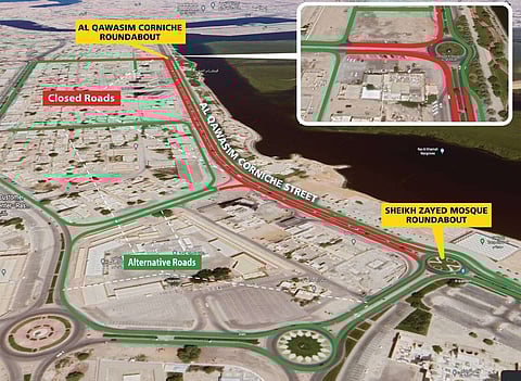خارطة توضح موقع الإغلاق والطرق البديلة