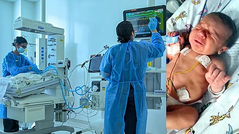 الطفل أحمد يتعافى في وحدة العناية المركزة للأطفال في مدينة برجيل الطبية؛ الطفل أحمد (يمين). الصورة: مدينة برجيل الطبية