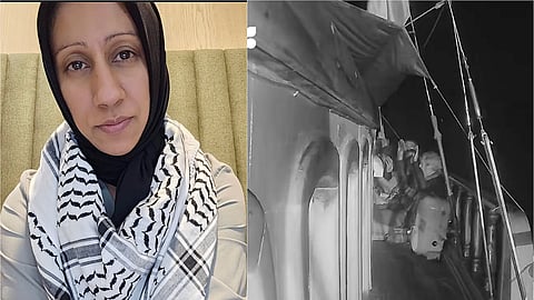 الدكتورة زهيرة سومر (يسار) وعلى اليمين لقطة شاشة من بث مباشر يظهر أشخاصًا على متن سفينة متجهة إلى غزة.