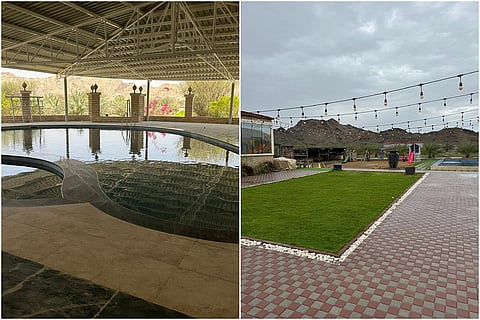 (يسار) المسبح في مزرعة جرين هافن؛ (يمين) منظر الجبال من الريف