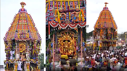 திருப்பதி பிரம்மோற்சவம்: பிரம்மாண்ட தேரில் எழுந்தருளிய மலையப்ப சுவாமி | Tirupathi |