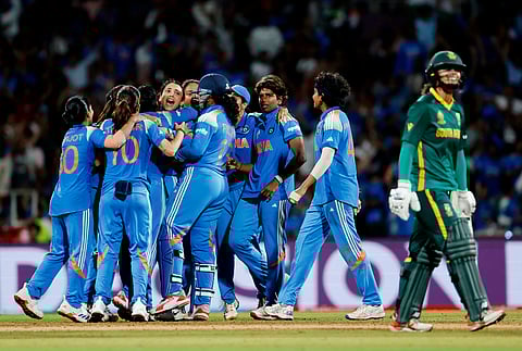 India Women's players celebrate after winning the ICC Women's World Cup 2025 final against South Africa Women