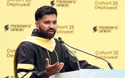 Indian Cricketer Rohit Sharma addresses the Master's Union Convocation 2025, in Gurugram on Sunday.