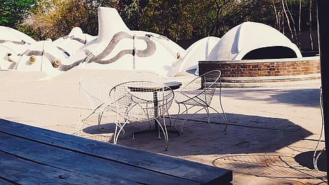 Take a moment to unwind with the beautiful view of Amdavad ni Gufa at Zen Cafe