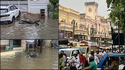 Bike goes for a swim in Hazratganj as rain finally drenches Lucknow!