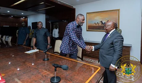 Actor Idris Elba shaking the President of Ghana after his visit to the Jubilee house.