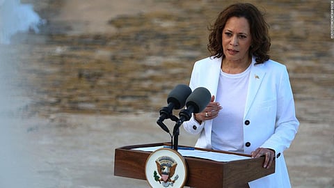 Kamala Harris speaking at the Cape coast Castle after her tour in the female dungeon