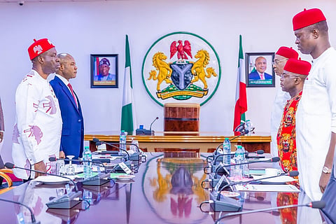 Photo of the southeast Governors, Governor of Imo State, Senator Hope Uzodimma; Prof. Chukwuma Soludo of Anambra State; Dr. Alex Otti of Abia State; Francis Nwifuru of Ebonyi State and the host Governor, Dr. Peter Mbah of Enugu State