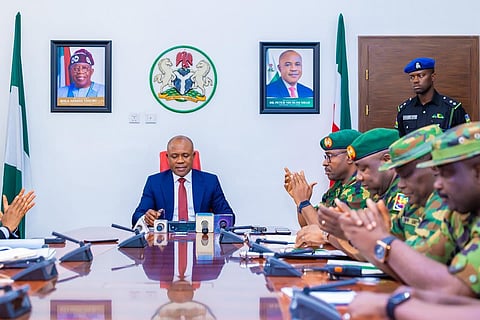 Governor Mbah with the General Officer Commanding 82 Division of the Nigerian Army, Enugu, Major General Hassan Dada, and other Security Chiefs at the Government House on Tuesday.