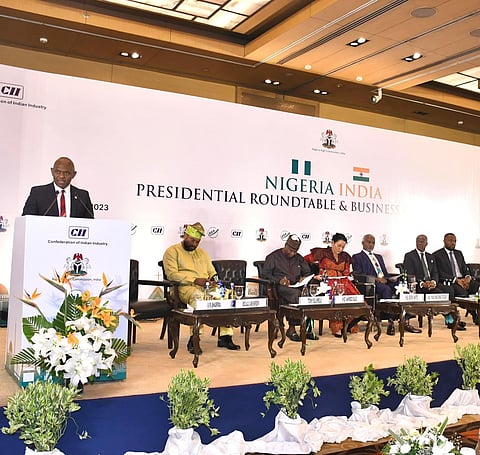 Elumelu during his keynote address in the Nigeria-India Presidential Roundtable and Conference, organized by the High Commission of Nigeria to India, in collaboration with Confederation of Indian Industry (CII) and the Nigeria-India Business Council (NIBC).