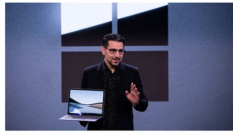 Panos Panay, former chief product officer of Microsoft Corp., displays the new Surface Laptop 3 computer during a Microsoft product event in New York on Oct. 2, 2019.