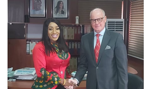 Dr Betta Edu, Minister of Humanitarian Affairs and Poverty Alleviation with the Greece Ambassador to Nigeria, Ioannis Plotas, during his visit to her office in Abuja