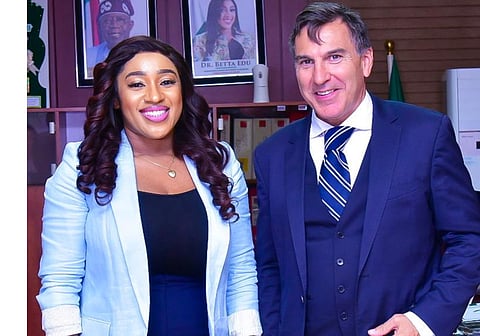 Minister of Humanitarian Affairs and Poverty Alleviation, Dr Betta Edu (right), with the Country Director of World Food Programme (WFP), Mr David Stevesson