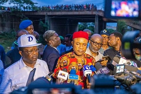 Senator Dave Umahi with Governor Peter Mbah of Enugu State while addressing newsmen during the inspection of the Enugu Collapse Bridge