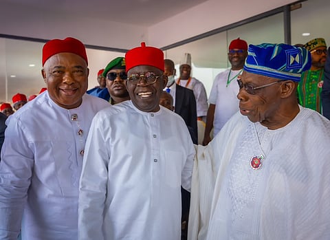 Governor Hope Uzodimma of Imo State (left), President Bola Ahmed Tinubu (Middle), Former President Olusegun Obasanjo (right).
