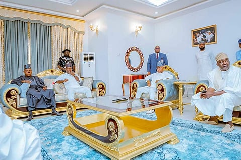 Vice President Kashim Shettima with the immediate past governor of Kogi State, Yahaya Bello and the newly inaugurated governor of Kogi State Alhaji Usman Ahmed Ododo and other government officials in Lokoja during Ododo's swearing-in ceremony