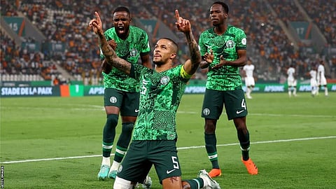william troost ekong celebrating after the win against south africa