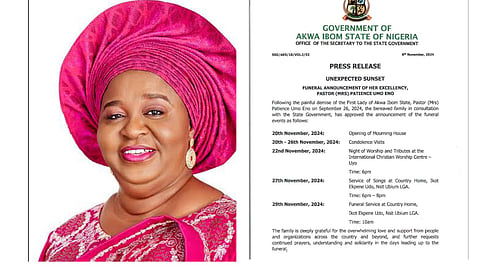 Late Akwa Ibom State First Lady, Pastor Patience Umo Eno, to be buried on November 29, 2024.