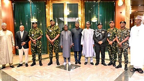 Nigeria’s President Bola Ahmed Tinubu with security chiefs.