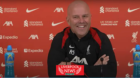 Arne Slot aimed a jibe at Everton. (Credit: Liverpool on YouTube)