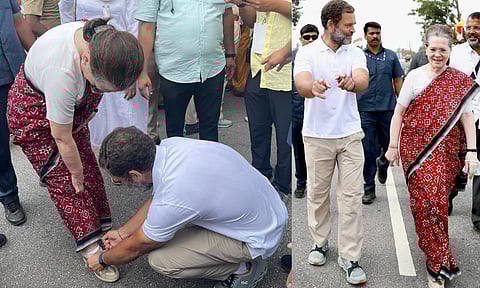 सोनिया गांधींच्या बुटाच्या लेस बांधताना दिसले राहुल गांधी; नेटकऱ्यांकडून कौतुक