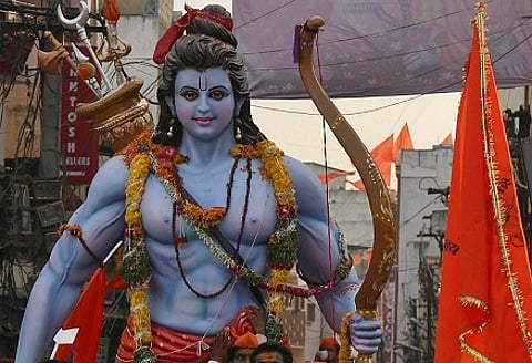 Hindu devotees carry a huge idol of Hindu god Rama as they participate in a religious procession to mark Ram Navami festival in Hyderabad, India, Tuesday, April 8, 2014. Ram Navami celebrates the birthday of Rama. (AP Photo/Mahesh Kumar A.)