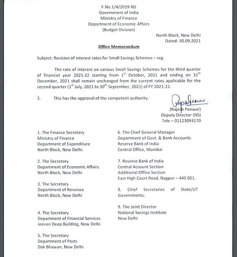 तिसऱ्या तिमाहीचे छोट्या बचत योजनांचे व्याज दर दुसऱ्या तिमाही एवढेच
