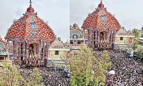 திருவாரூர் தியாகராஜர் கோவில் ஆழித்தேரோட்டம் கோலாகலம்- பல்லாயிரக்கணக்கான பக்தர்கள் வடம் பிடித்து இழுத்தனர்