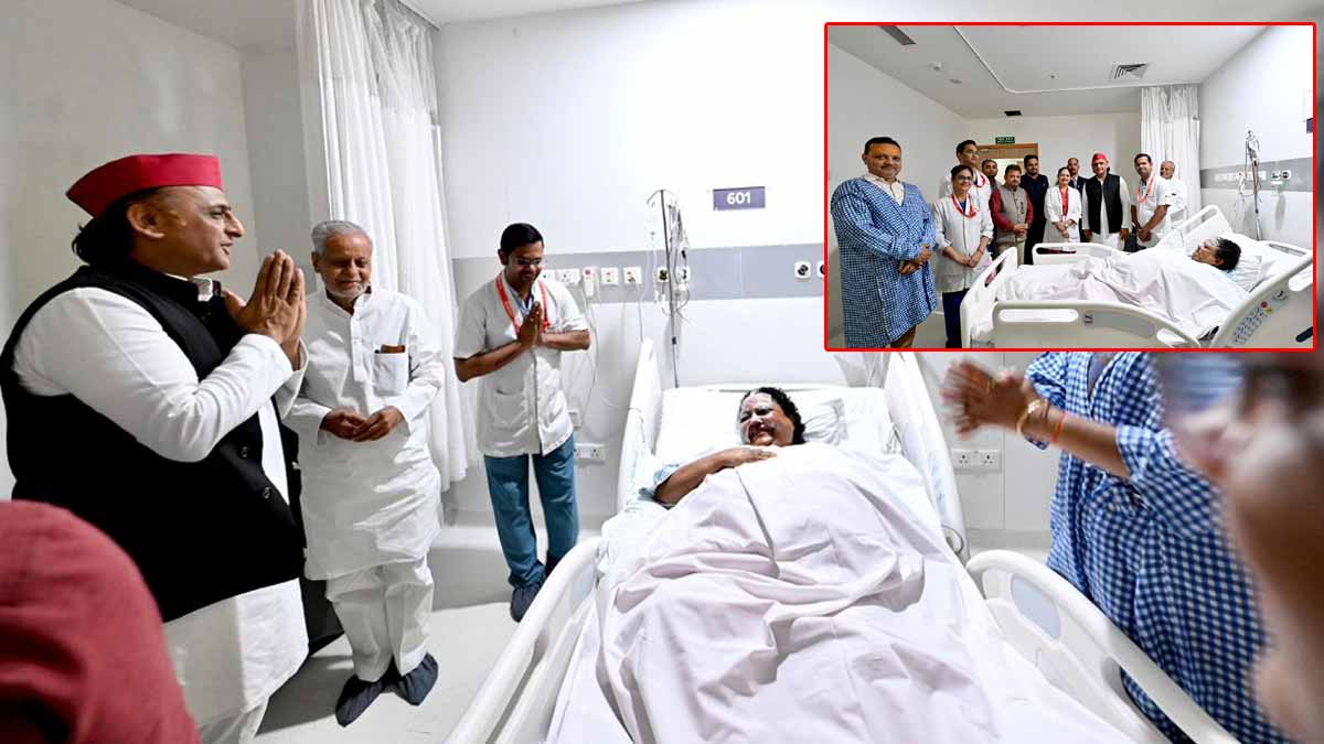 தன்னுடைய உருவப் பொம்மையை எரித்தபோது காயம் அடைந்த பாஜக எம்.எல்.ஏ.: மருத்துவமனைக்கு சென்று நலம் விசாரித்த அகிலேஷ் யாதவ்