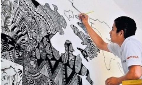 மாணவர் சஞ்சய்குமார் வரைந்த சுவர் ஓவியம்.