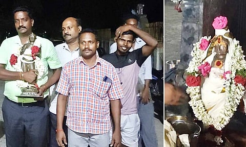 மீட்டு கொண்டு வரப்பட்ட திருஞானசம்பந்தர் சிலைக்கு சிறப்பு வழிபாடு நடைபெற்றது.