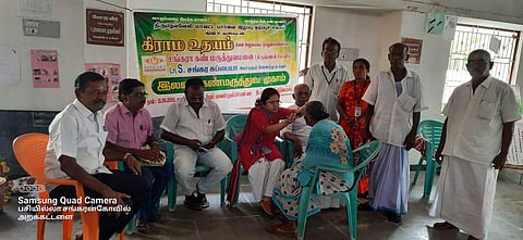 சாம்பவி தலைமையில் மருத்துவ குழுவினர் பொதுமக்களுக்கு கண் பரிசோதனை செய்தனர். 