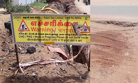 கியாஸ் - குடிநீர் குழாய் பதிக்கும் பணிக்காக தோண்டப்பட்ட குழி