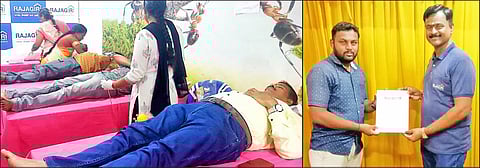 ரத்ததான முகாம் நடைபெற்றதையும், ராஜகிரி பவுண்டேசன் இயக்குனர் ராமையா சான்றிதழ் வழங்கியதையும் படத்தில் காணலாம்.