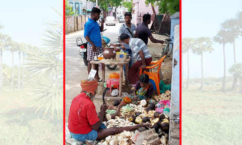 உடன்குடியில் நுங்கு, கம்பங்கூழ் விற்பனை நடக்கும் காட்சி.