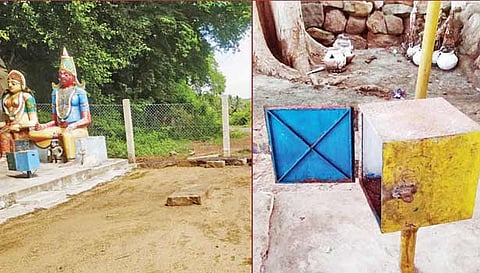 முனியப்பன் கோவில், முத்து மாரியம்மன் கோவிலில் உண்டியல் உடைக்கப்பட்டு இருப்பதை படத்தில் காணலாம்.