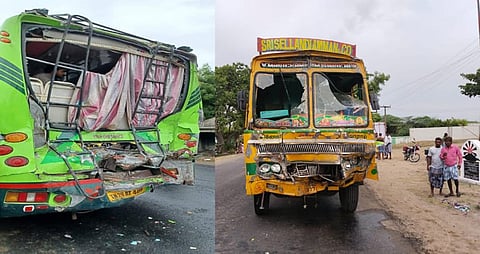 விபத்துக்குள்ளான பஸ்-லாரியை படத்தில் காணலாம்.